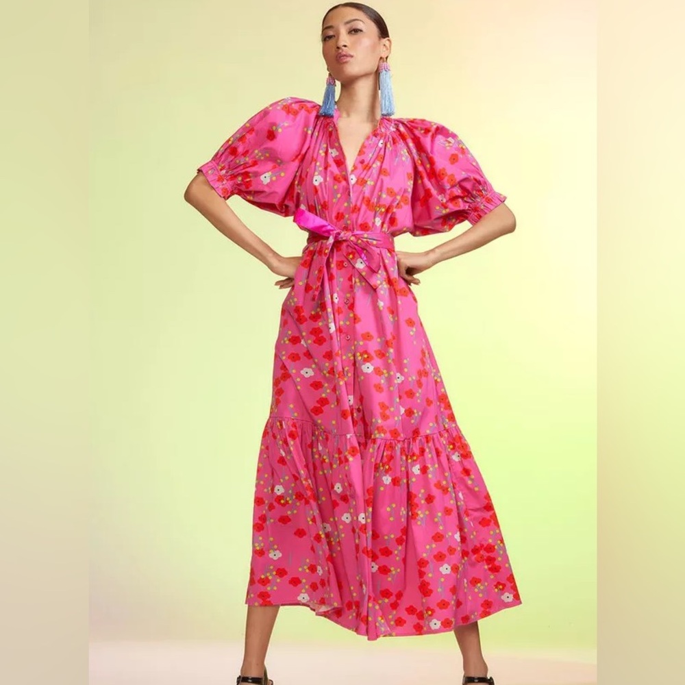 Cynthia Rowley Coral-print Pintuck Maxi Dress In Pink / Red